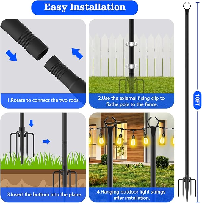 SINLEY 4 Pack String Light Poles,10 Ft Metal Poles with Fork for Outdoor String Lights,Outdoor Light Poles with Fork,Poles/Post/Stand for Outside,Patio,Deck,Backyard,Garden Wedding,Party (4 Pack)