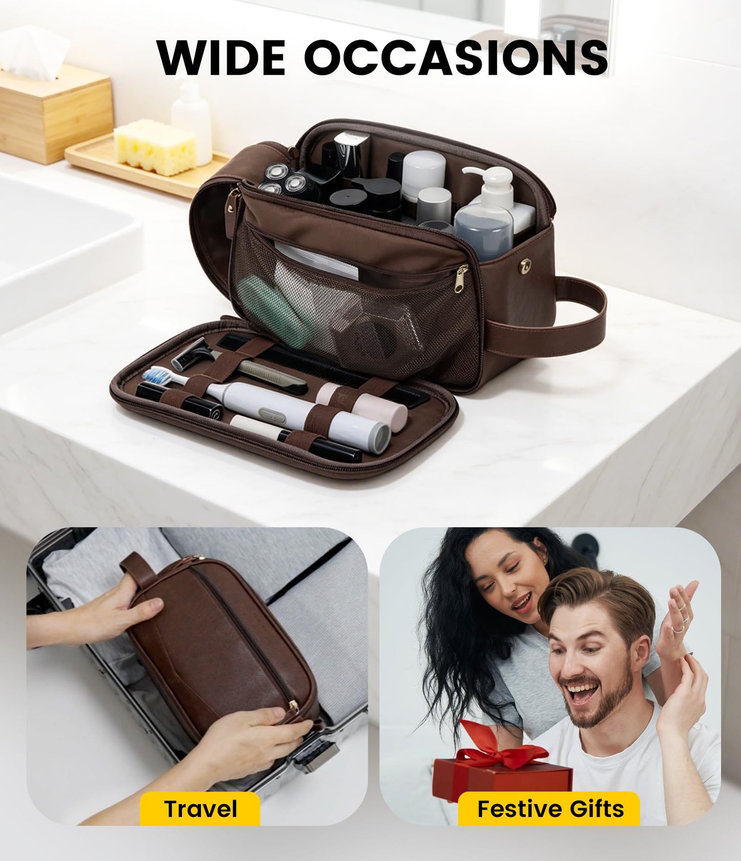 Vorspack PU Leather Toiletry Bag for Men - Water Resistant Travel Bag for Toiletries, Shaving, Grooming, Bathroom Essentials - Dark Brown