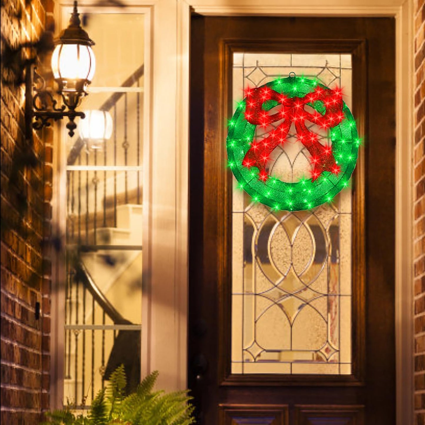 Outdoor Christmas Wreath Decoration - 24" Bright LED Christmas Wreath Lights with Bow, Large Lighted Christmas Wreaths Window Lights for Wall, Windows, Front Door Decor, Red Bow - Green Wreath