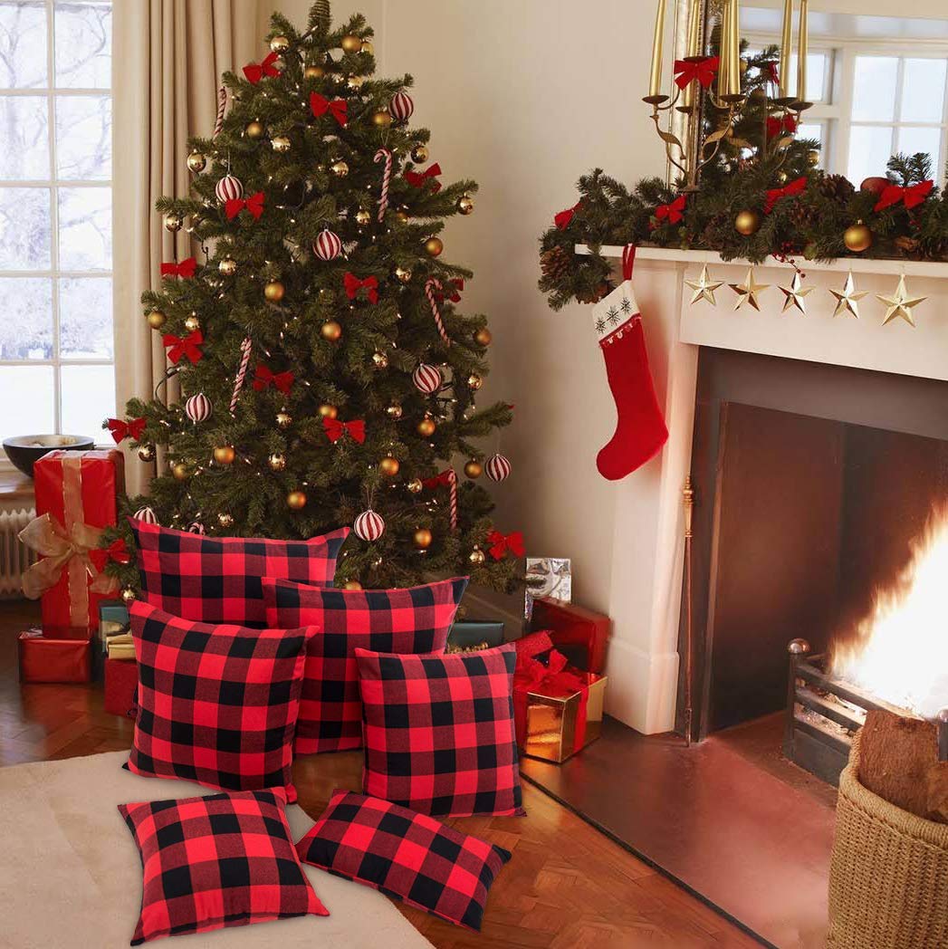 4TH Emotion Set of 2 Christmas Buffalo Check Plaid Throw Pillow Covers Cushion Case Polyester for Farmhouse Home Decor Red and Black, 18 x 18 Inches