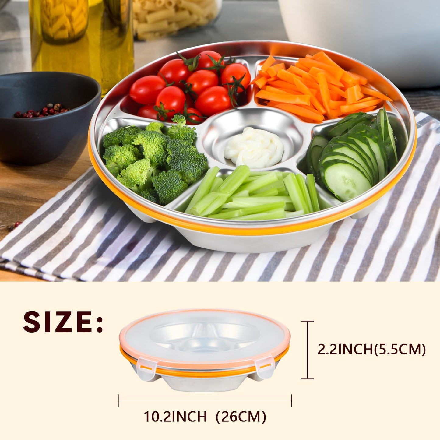 Motith 6-Compartment Stainless Steel Serving Tray with Lid - 10-inch Divided Snack/Vegetable/Fruit Tray for Christmas Parties, Snackle Box & Platter Container