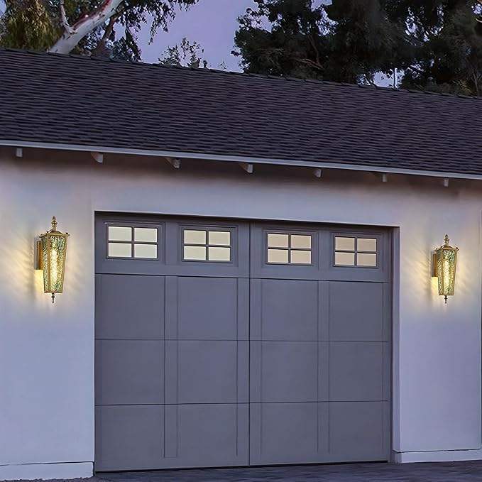 Outdoor Wall Light,Vintage Gold E26 Base 16.7in - Exterior Waterproof Lantern Metal with Green Glass,Farmhouse Porch Sconce Wall Mount Lighting,for Garage,Patio,Front Door,Entryway