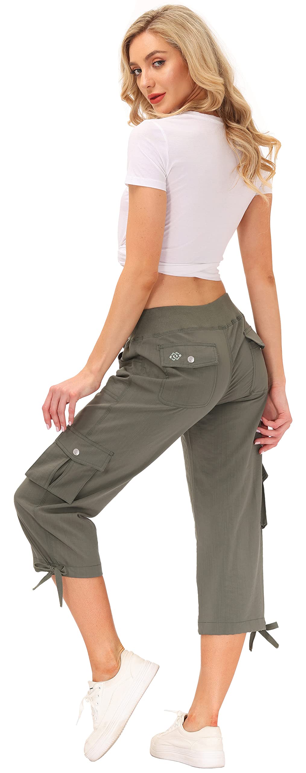 MoFiz Women's Cargo Capris Hiking Pants Lightweight Quick Dry Running Outdoor Casual Shorts Button Pockets UPF 50+ Army Green XL