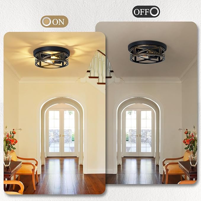 Flush Mount Ceiling Light Fixture,Rustic Metal Black 2-Light Hallway Light Fixtures Ceiling,Vintage Light Fixtures Ceiling Mount for Farmhouse,Kitchen,Hall (2 Pack)