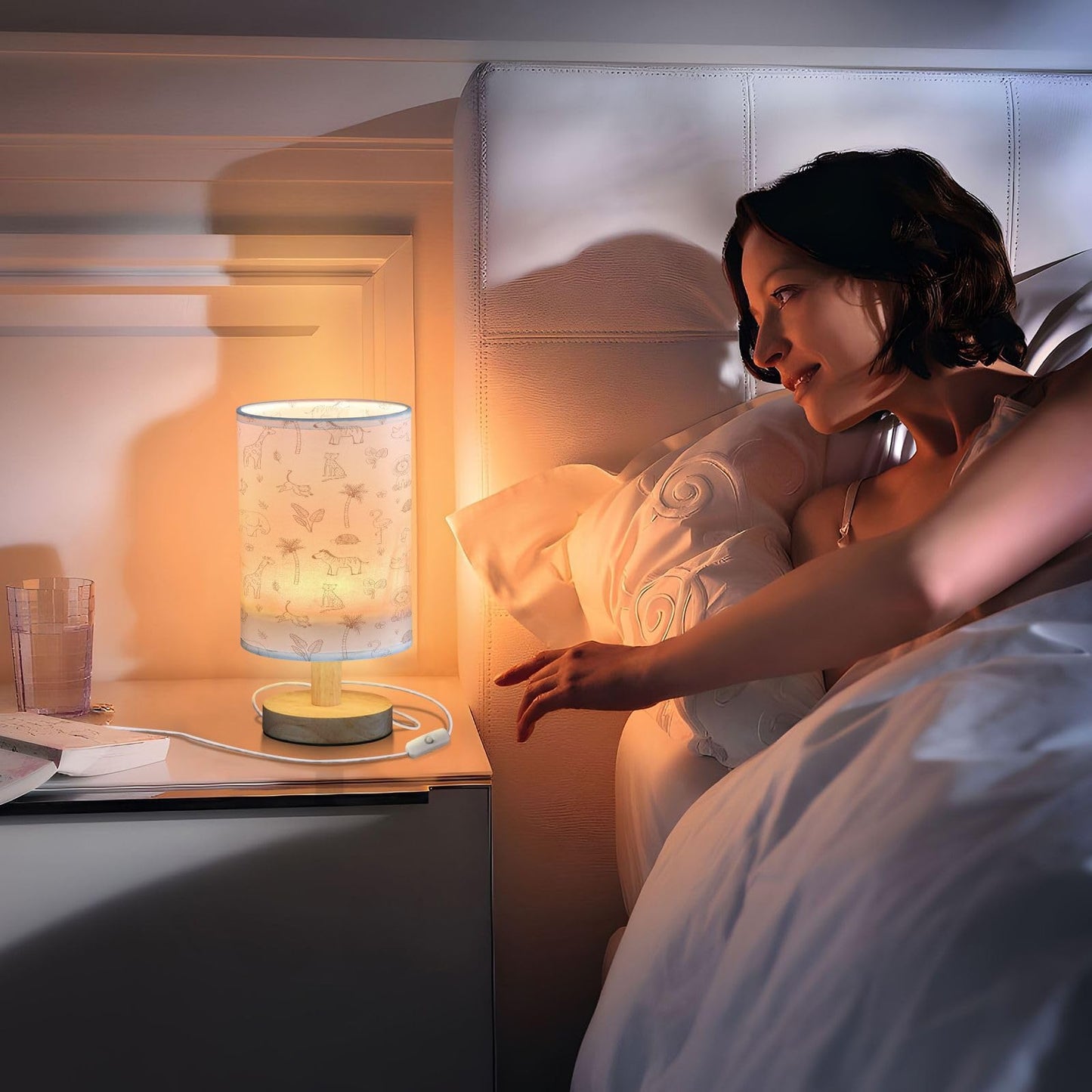 Kigai Safari Nursery Table Lamp for Kids Room LED Bedside Nightstand Lamp with USB Port, Small Nursery Lamp with Fabric Shade for Bedroom, Baby Room, Living Room