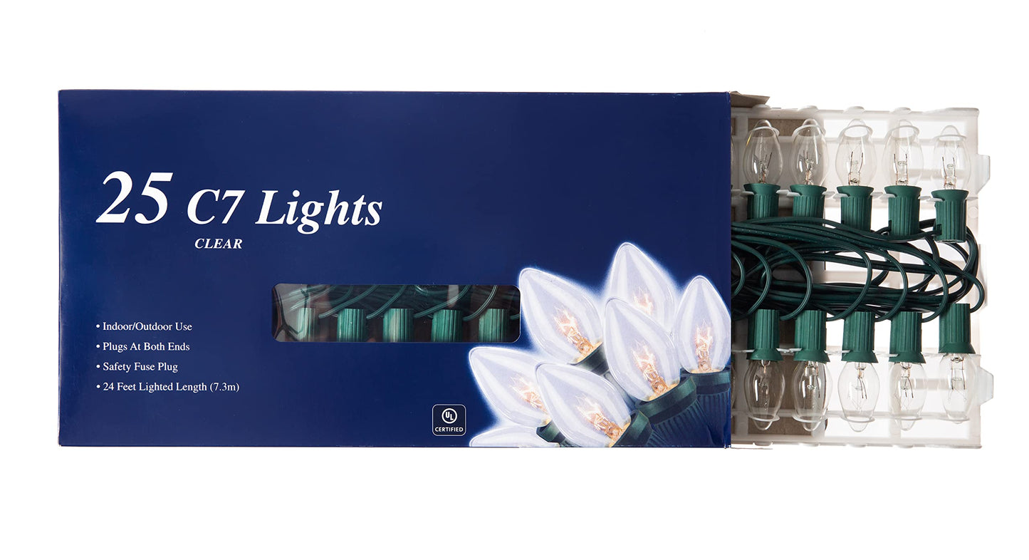 Creative Hobbies 25 Ft Christmas Light String with Clear C7 Incandescent Light Bulbs - Indoor/Outdoor Classic Christmas Holiday Decor Lights