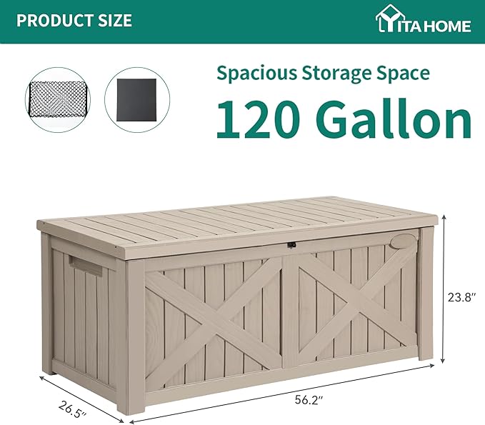 YITAHOME 120 Gallon Large Outdoor Storage Box with X-Shaped Front, Waterproof Resin Deck Box Cushion Storage Bench for Patio, Pool Supplies, Garden Tools- Lockable, Taupe
