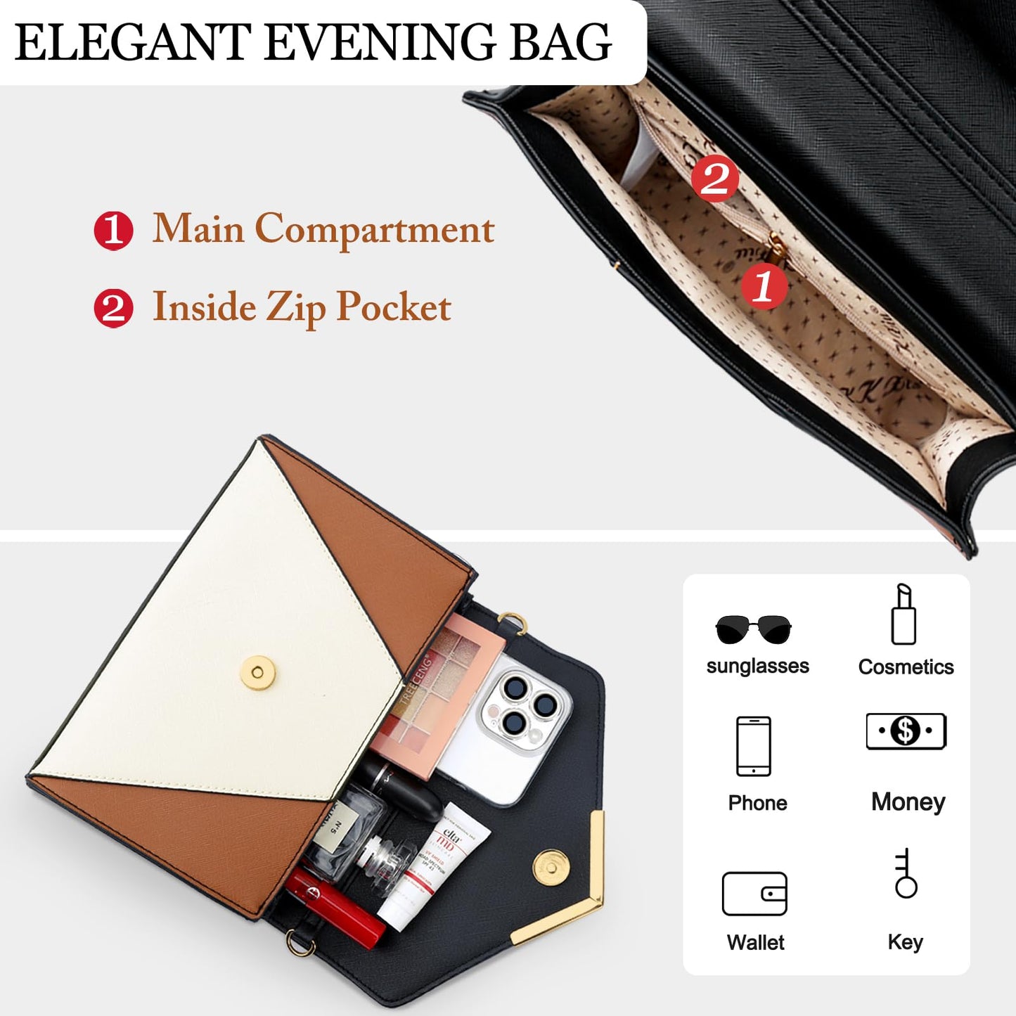 KKXIU Women Elegant Faux Leather Evening Envelope Clutch Purse Foldover Bags for Party Wedding Prom (A-Grey)