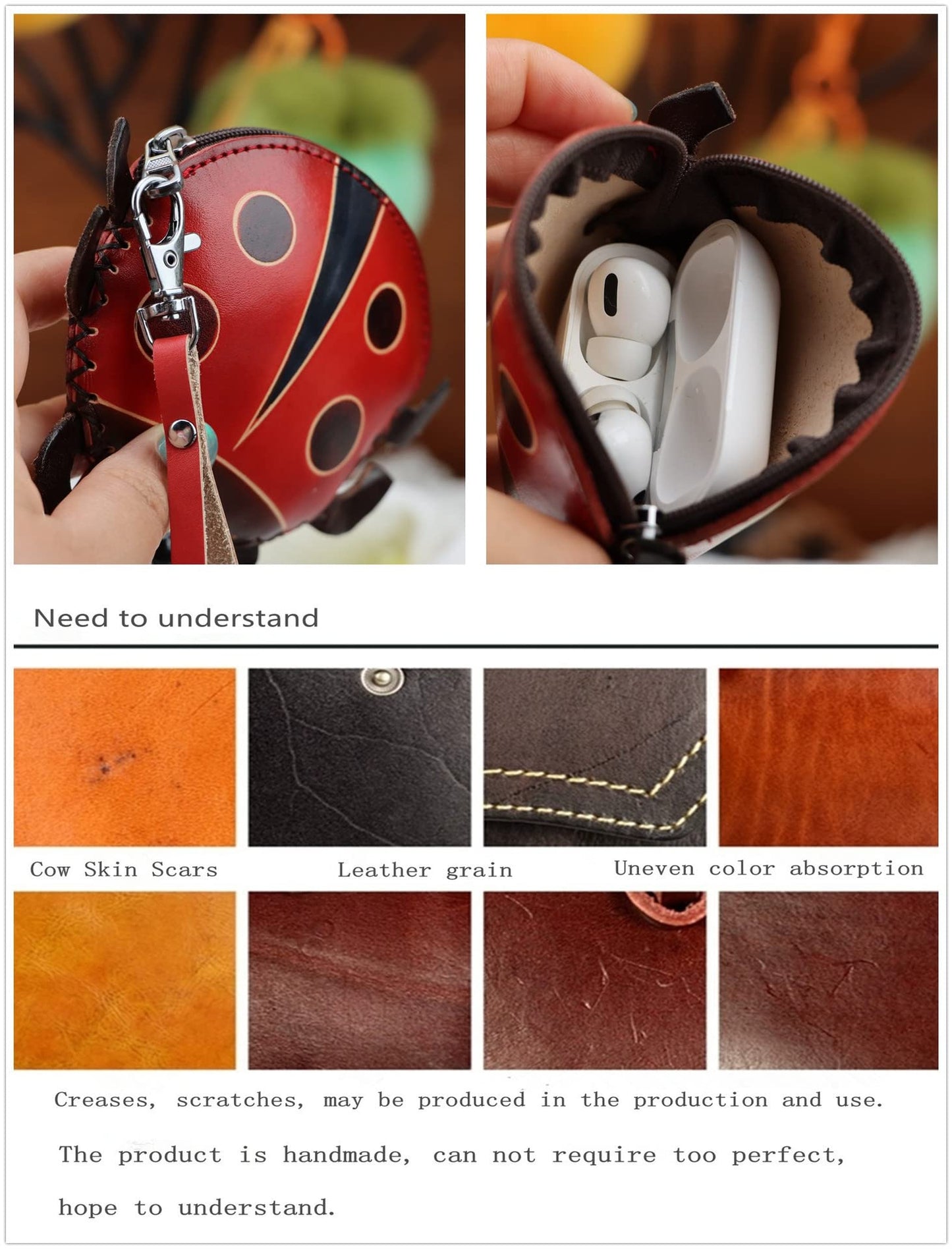 Fanyixuan Vegetable Tanned Leather Cowhide Ladybug Coin Purse Suitable For Storing Coins Keys Lipstick Creative Gift Clutch Bag