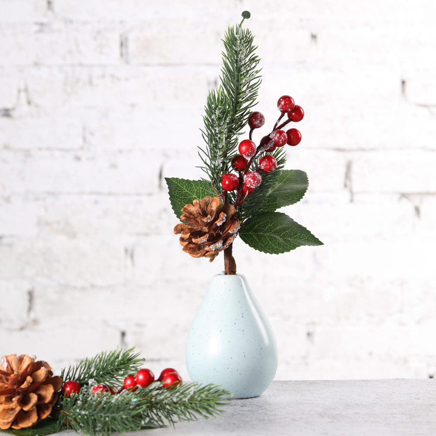 Boao 12 Pcs 11'' Large Christmas Pine Picks Tree Decoration Red Berry Picks and Sprays with Cone Artificial Fake Branches Snowy Floral Flower Holly Pine for Tree Crafts Decor Faux Stem