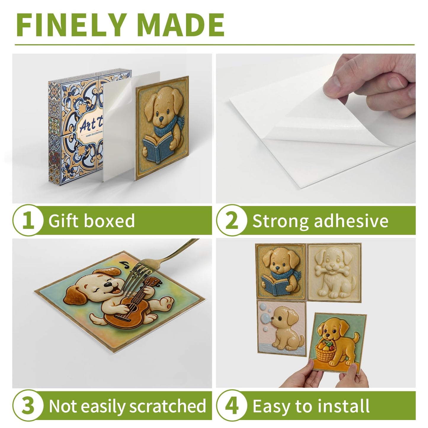 Removable Cute 3D backsplash Tiles for Kitchen Bathroom RV ladundry wall Decor,Decorative Lovely Tile Stickers Stick on backsplash with Puppy Picture