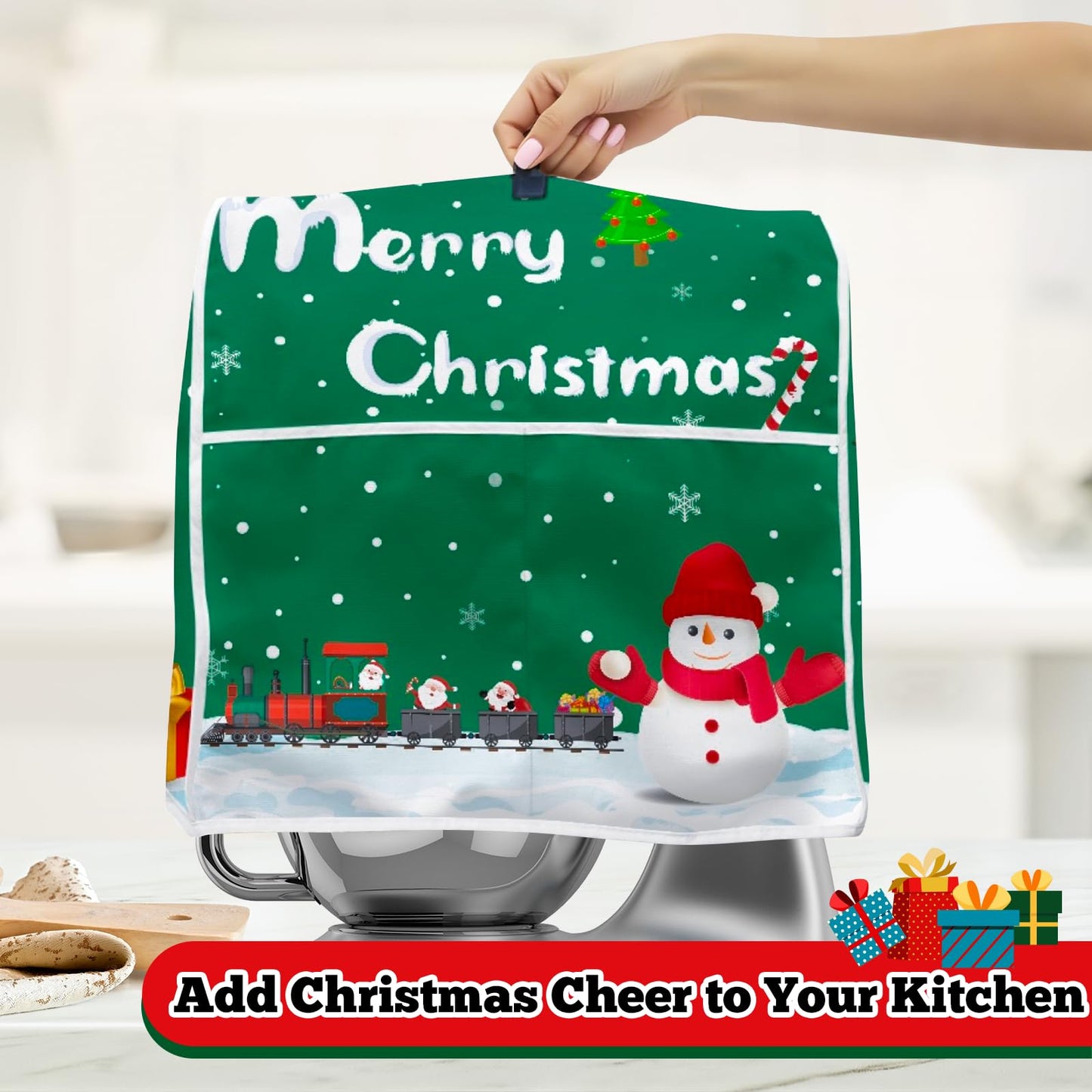 FBBP Christmas Stand Mixer Cover - Compatible with 6-8 Quart for Kitchen Appliance - Santa Claus and Snowman Dust Cover with Pockets for Accessories Xmas Home Kitchen Decor