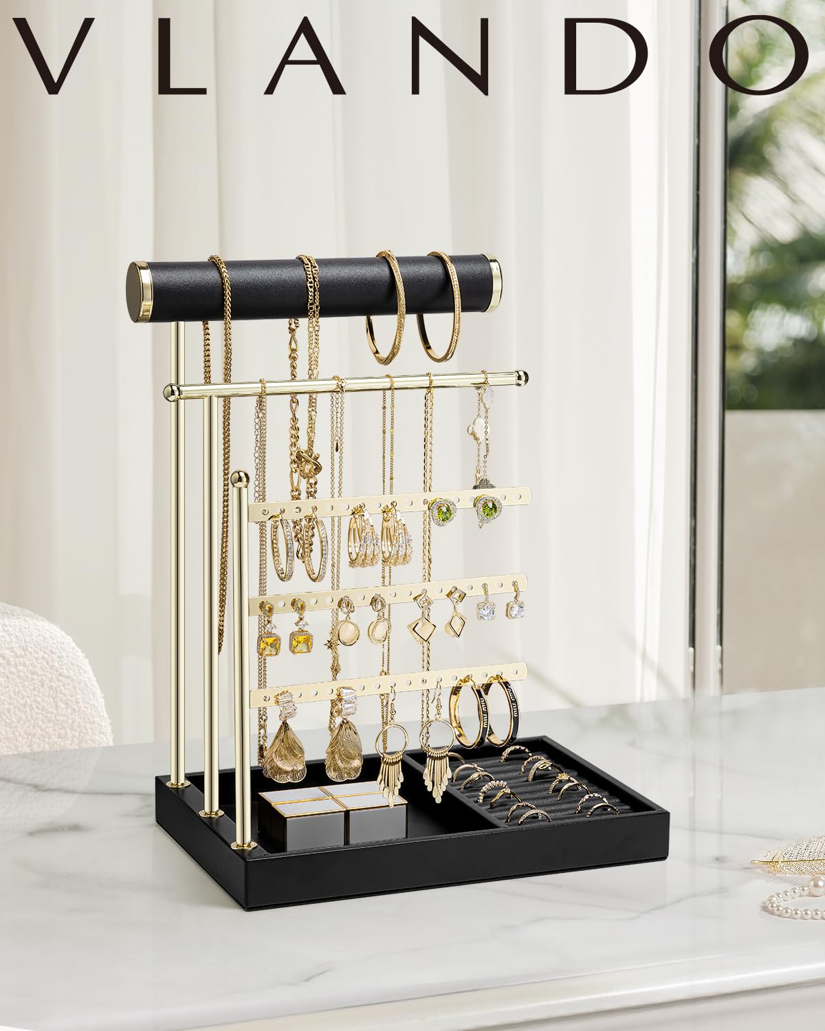VLANDO Jewelry Stand Organizer with Ring Holder Tray, Necklace and Earring Storage for Bracelets, Watches and Rings, PU Leather Covered Wooden Tray with Gold Metal Frame - Black