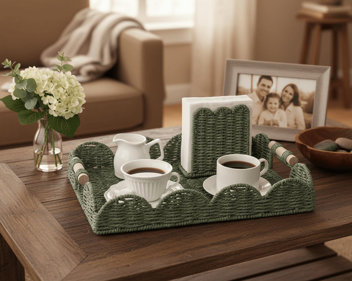 CubesLand Rectangular Scalloped Decorative Centerpiece Tray for Coffee Table, Home Decor, Living Room - Green Tray w/Wooden Handle – Warm and Elegant for Holidays, Housewarmings - Candle Plate Holder
