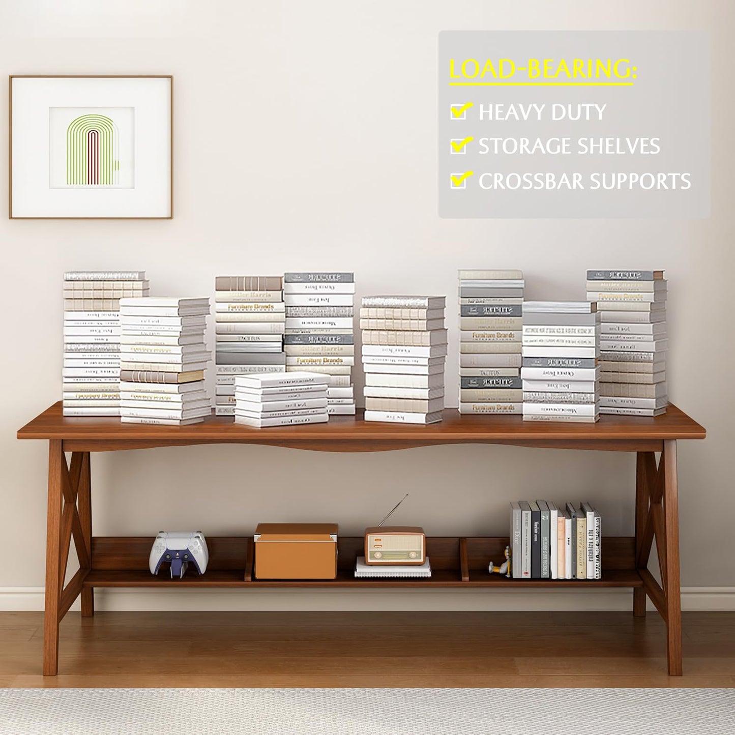 NELYE Extra Long Desk with Bookshelf - Wooden Home Office Work Study Table, Writing Computer Workstation with Storage Shelf in Wanut, 47" Wx16 Dx30 H