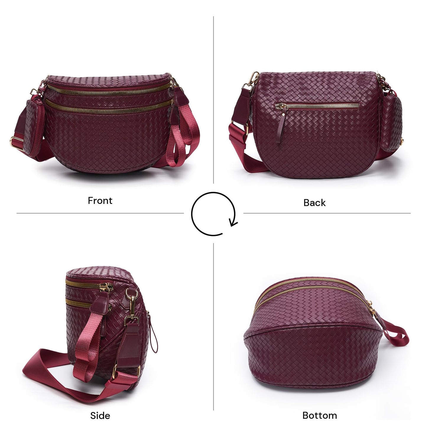 Woven Bum Bags for Women Vegan Leather Crossbody Bag with Coin Purse, Trendy Fanny Packs with Adjustable Wide Strap, Spacious Sling Shoulder Purse for Trave