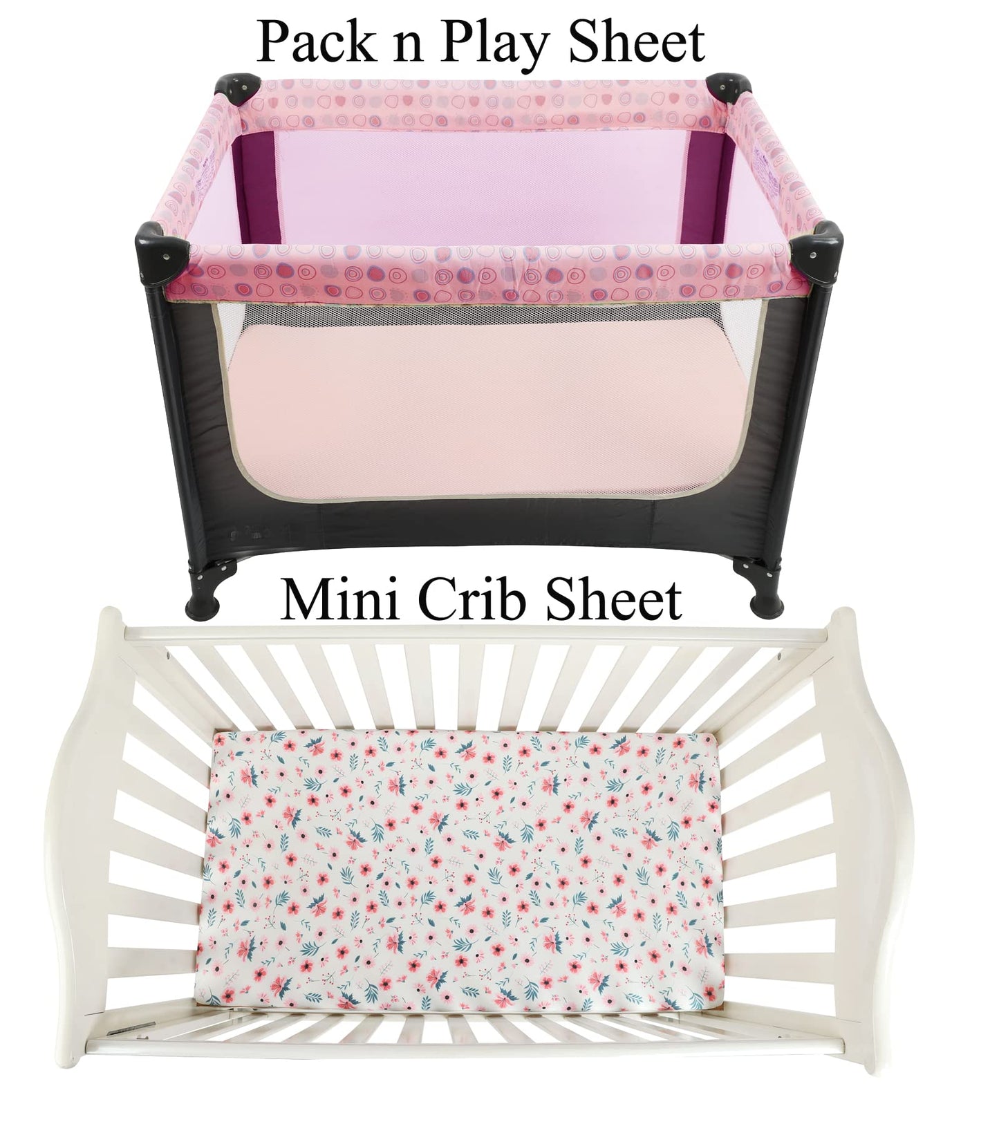 Tontukatu Pack n Play Sheet Stretchy Fitted Portable Mini Crib Sheets Set 3 Pack,Playard Sheets Convertible Playard Mattress Cover,Ultra Soft Jersey Material,Floral,Grey Rabbit & Pink