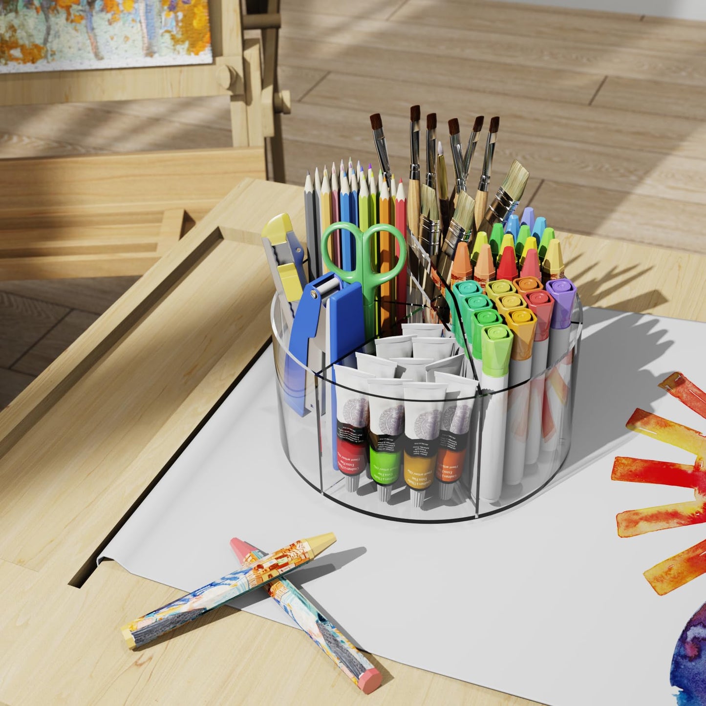 Mefirt Acrylic Pen Holder, 360 Degree Rotating Pen Organizer, Rotating Desk Acrylic Office Organizer with 6 Compartments, Marker Organizer for Kid, Crayon Caddy School Art Supply Storage Organizer