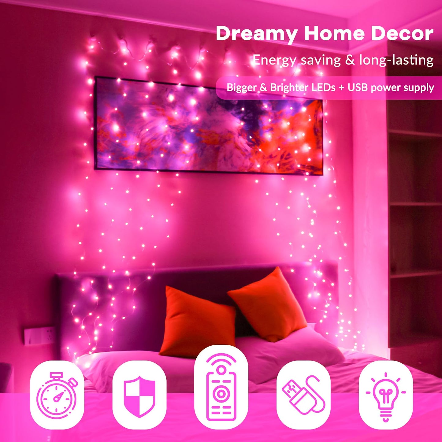 HXWEIYE 300LED Fairy Curtain Lights, 9.8x9.8Ft USB Plug-in 8 Modes Christmas String Hanging Lights with Remote for Bedroom Backdrop Wedding Indoor Wall Decor, Pink, Standard – 1 Pack
