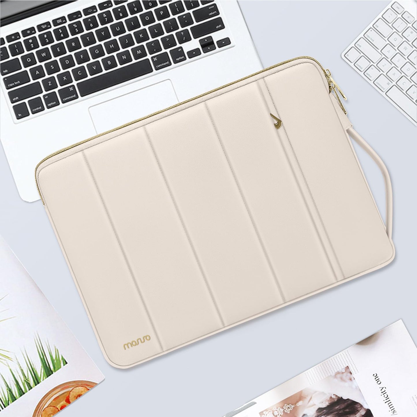 MOSISO 13-14 inch Laptop Case, 13.3 inch Puffy Laptop Sleeve Compatible with MacBook Air 13.6 M5 M4 M3 M2 M1/Neo/Pro 13/14,HP Dell ASUS Lenovo, Rectangle Vertical Bag with Small Case&Side Handle, Sand