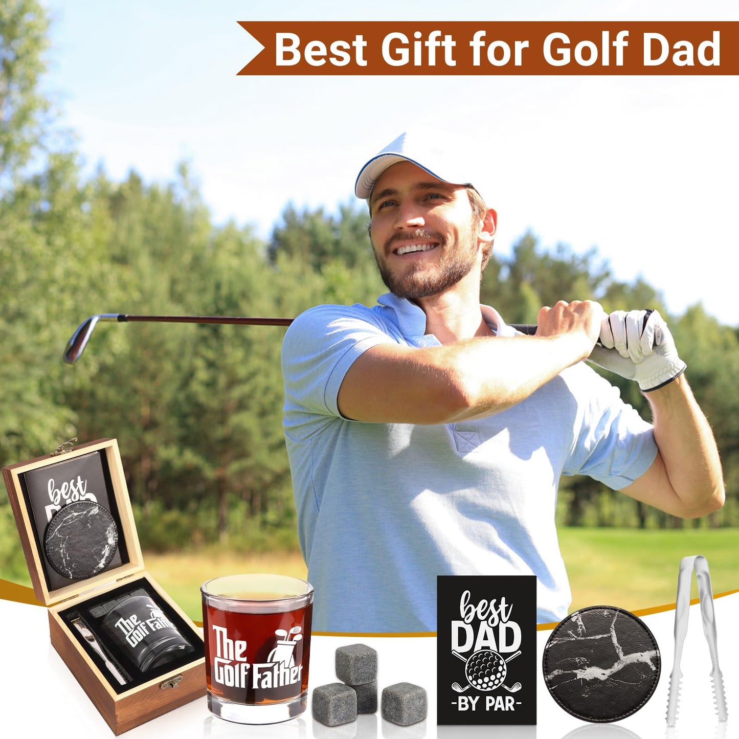 Bayelove Whiskey Glass Gifts for Golf Dad, Best Gift for Men, Gift with 12oz Whiskey Glasses, Stones, Coaster, Wooden Box for Golf-Dad