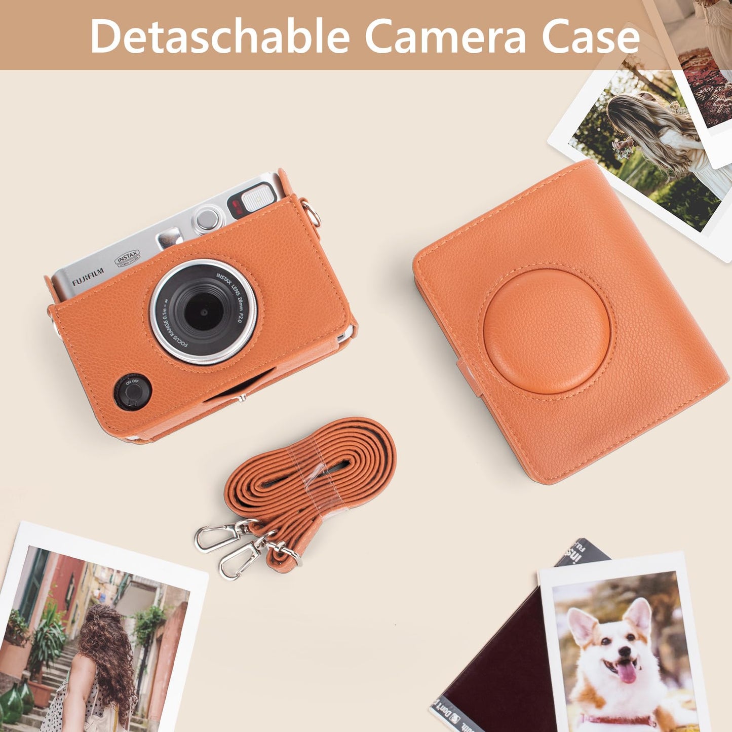 MUZIRI KINOKOO Instax Mini EVO Case with Photo Print Slot Lychee-Grain PU Leather Fuji Mini EVO Camera bag with Adjustable Shoulder Strap&Precise Charging Port&Detachable Protective Cover-Brown