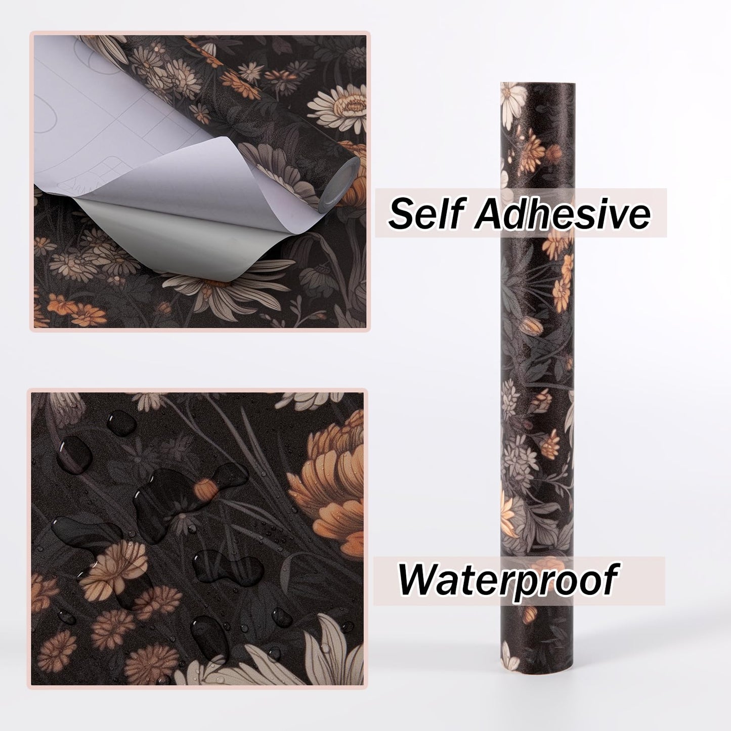 Black Floral Peel and Stick Wallpaper, Vintage Dark Botanical Contact Paper, Gold Daisy Self Adhesive Vinyl Wall Paper Waterproof&Removable Renter Friendly Wallpaper for Bedroom Cabinet 15.7"x 197"