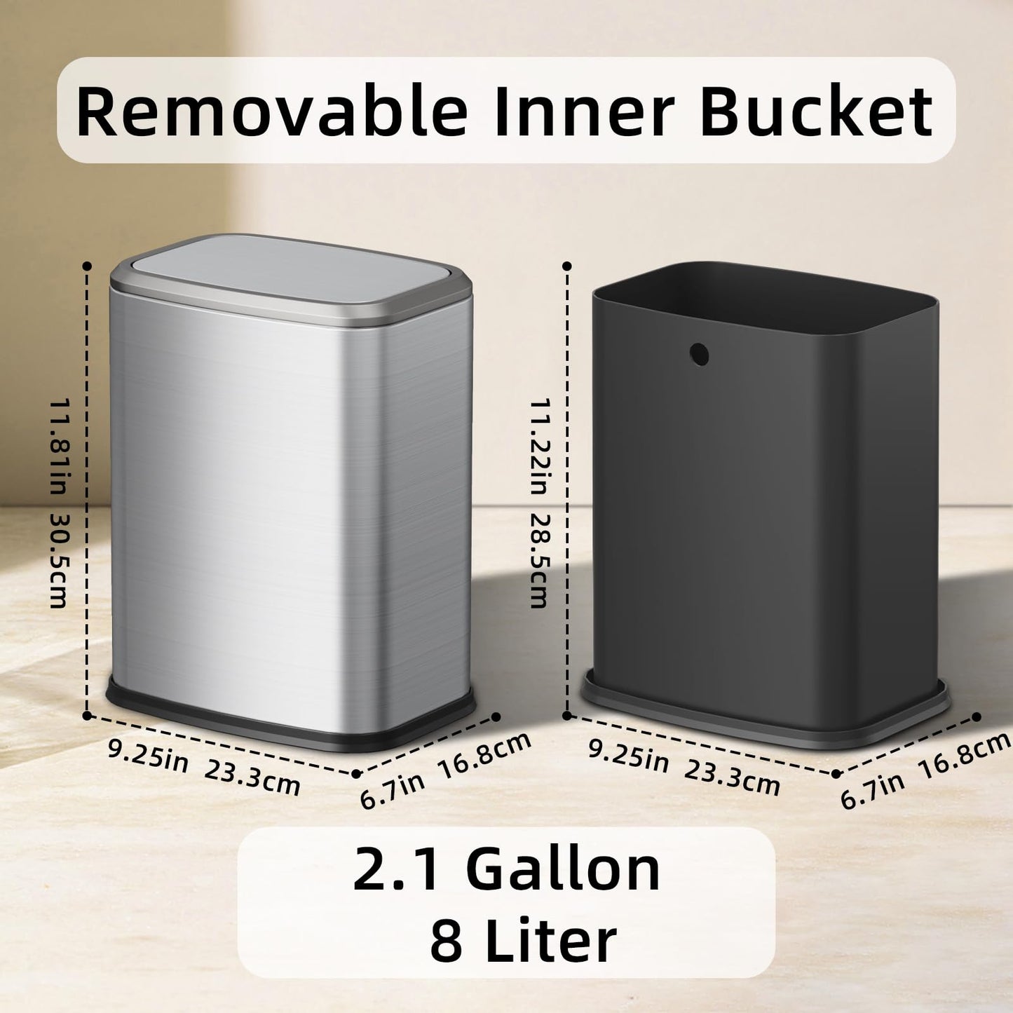 KHMMGK 8L/2.1 Gal Small Bathroom Trash Can with Lid, Swing-Top Rectangular Waste Bin, Stainless Steel Garbage Can for Home, Office, Toilet, Bedroom, Living Room (Silver)