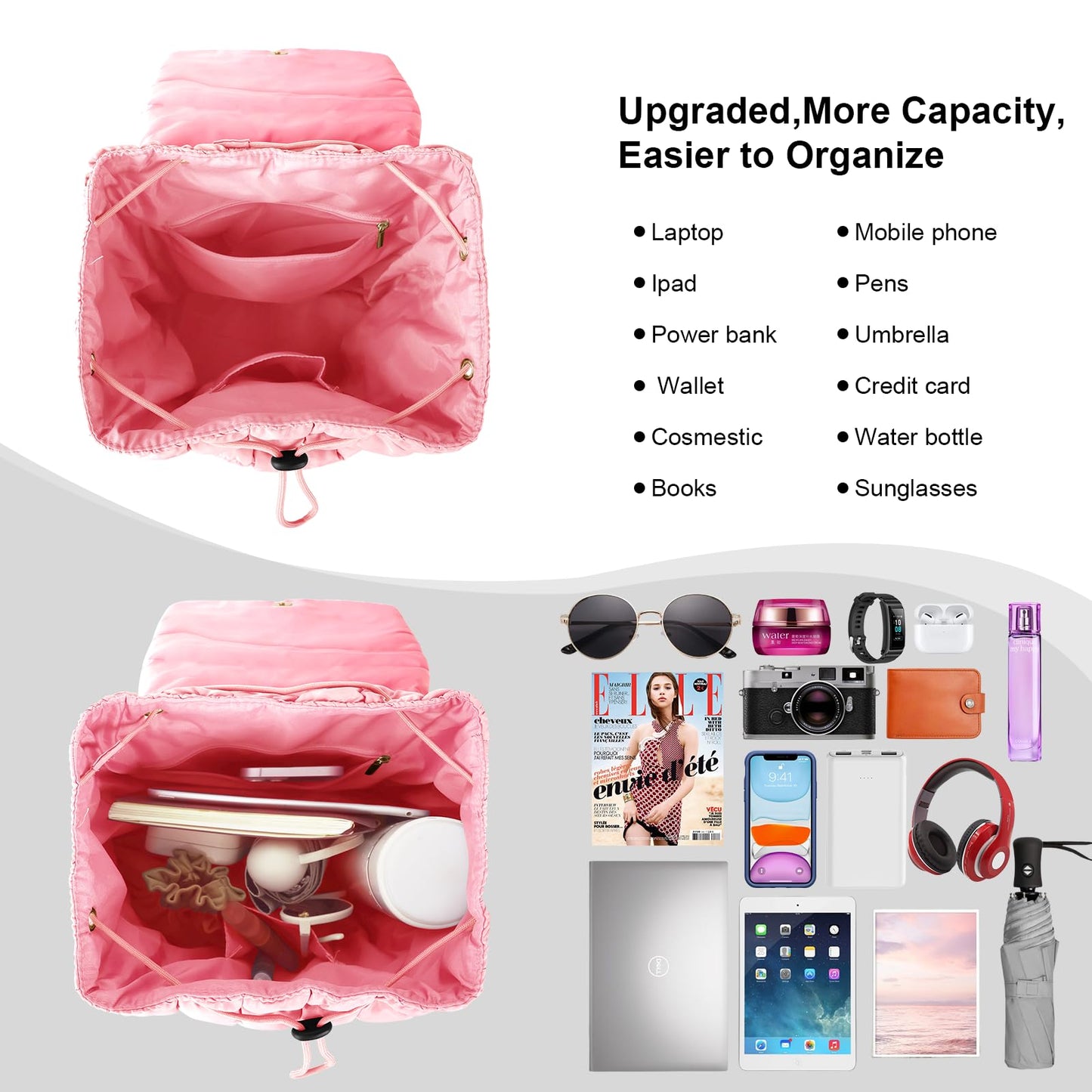 XSUIOY Quilted Backpack Purse for Women Small Lightweight Puffer Puffy College Laptop Backpack Nylon Casual Bookbag Daypack Top Flap Drawstring Padding Hiker Travel Gym Backpack(Pink)
