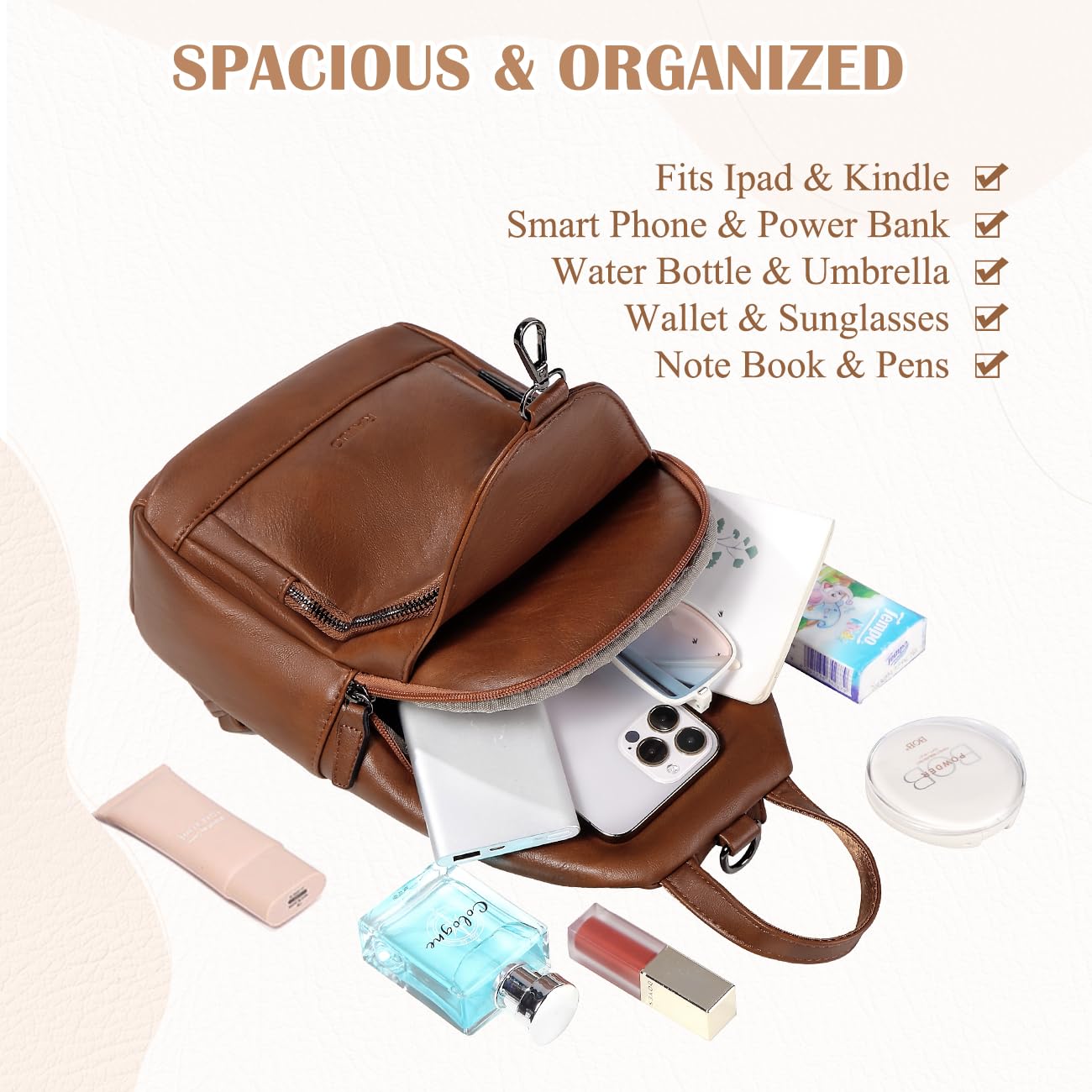 RAVUO Backpack Purse for Women, Anti Theft Sling Crossbody Bag Ladies Convertible Shoulder Daypack Casual Chest Bag for Travel Hiking College,Brown