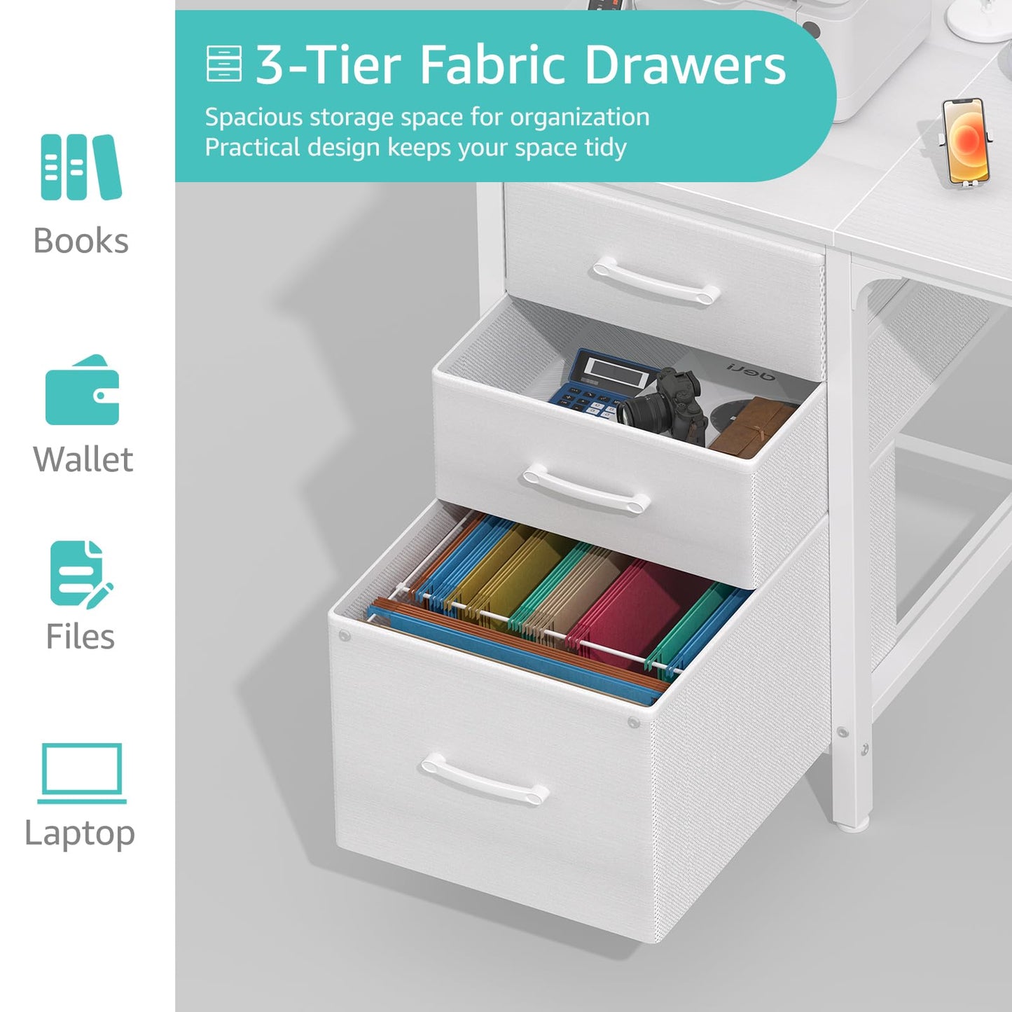 Lufeiya White Desk with File Drawers Cabinet, 47 Inch Reversible Computer Desk with Fabric Filing Cabinet for Bedroom Small Space Home Office, Modern Writing Table PC Desks, White