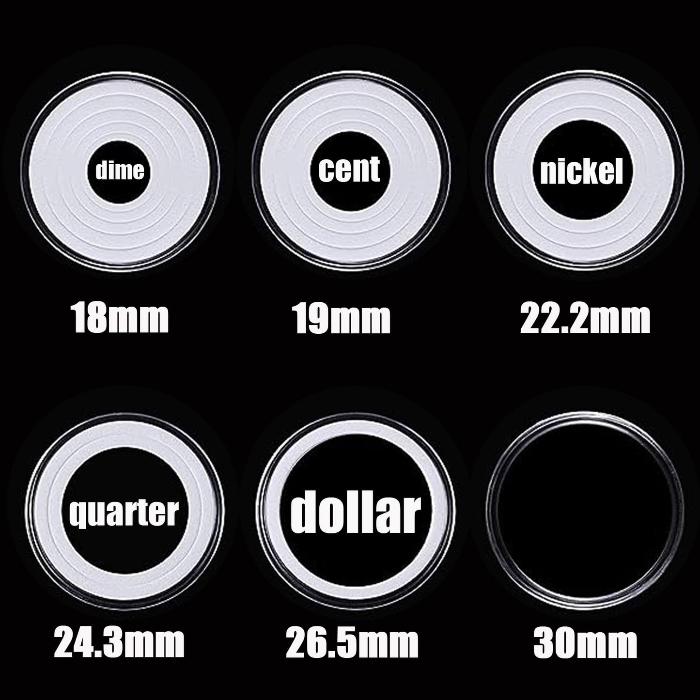 MUQING 240 PCS 30mm Plastic Coin Capsule Holder, 5 Sizes Protect Gasket Coin Case for Collectors, Round Coin Collecting Supplies with Storage Box