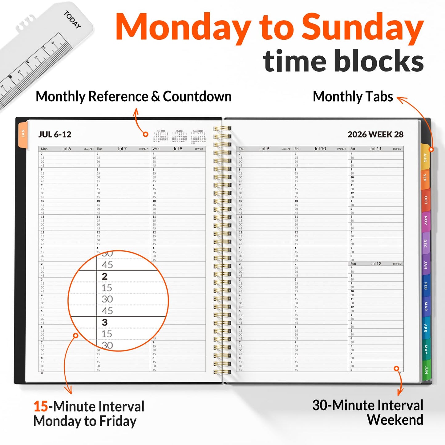 SUNEE 2026-2027 Appointment Book, Quarter-Hourly, Weekly & Monthly - from July 2026 to June 2027, 8.5"x11" Academic Planner, Flexible Cover, Note Pages, Bookmark, Spiral Binding, Black