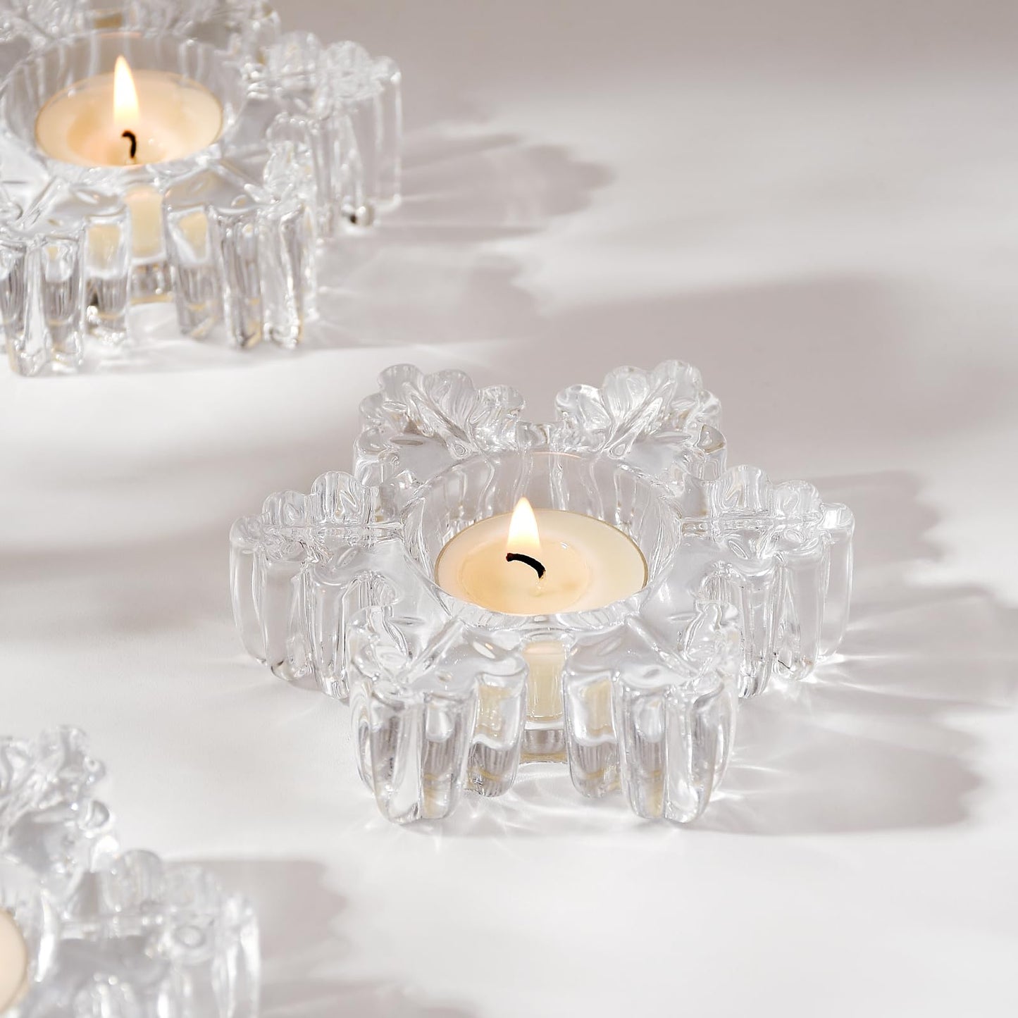 Aglary Snowflake Tealight Holders Set of 4 – Clear Glass Votive Candle Holders for Table Decor, Winter Wedding Centerpiece, Christmas Party Supplies