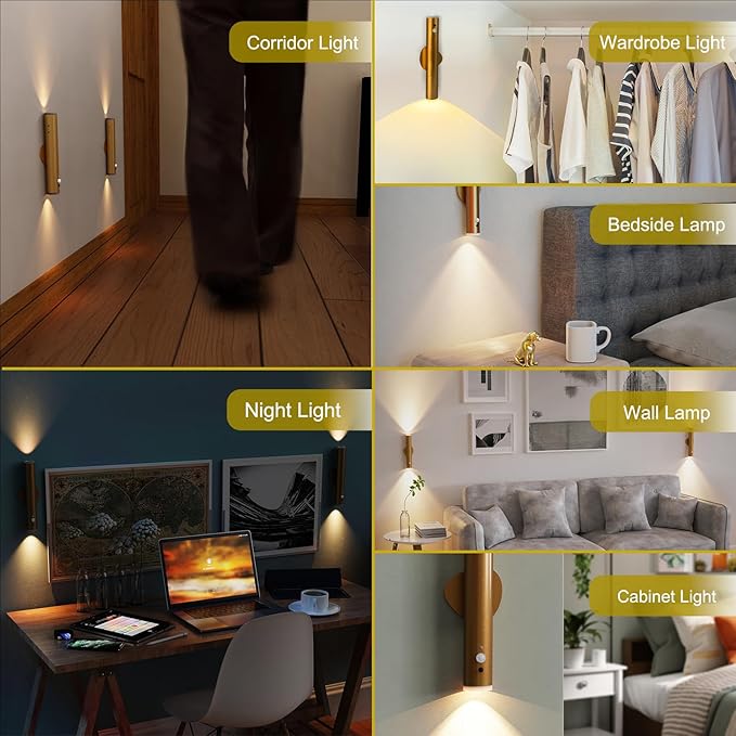 Motion Sensor Night Lights, Magnet Body Sensor Hallway LED Wall Lights, Rechargeable Portable Stairway, Battery Powered Cabinet Lights, Bedside Night Light (1pcs-Gold)