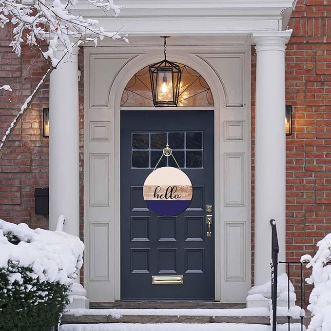 Welcome Sign for Front Door Porch Retro Beige Purple Hello 12in Round Wreath Wall Decor for Farmhouse Home Outdoor Indoor