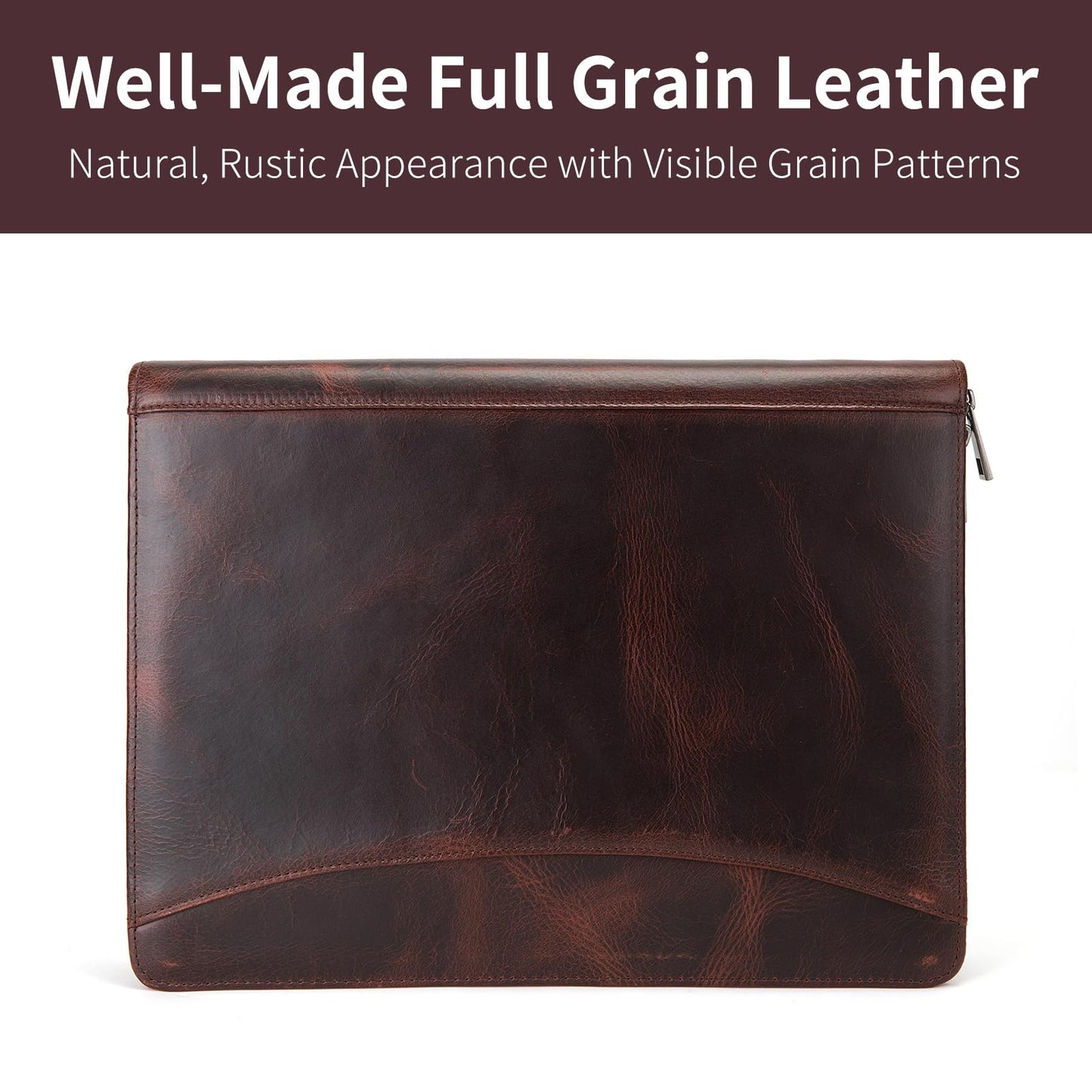 Geslun 3 Ring Binder Genuine Leather Portfolio, Front Pocket, 8.5 x 11 Legal Pad Padfolio for Men and Women, Zippered Notepad Laptop Organizer, Business Executive Work Folio, Dark Brown, Oil Tanned