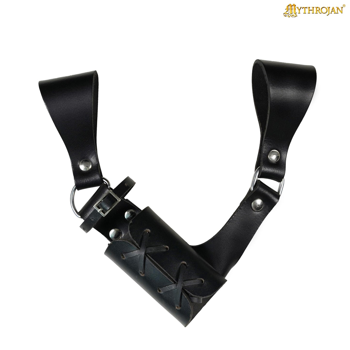 Mythrojan Medieval Sword Frog Adventurer with Leather Holder for Universal Rapier, Broadsword, Cutlass, Belt Mount Scabbard Hanger for LARP, Reenactment & Costume, Black - 8" x 8"