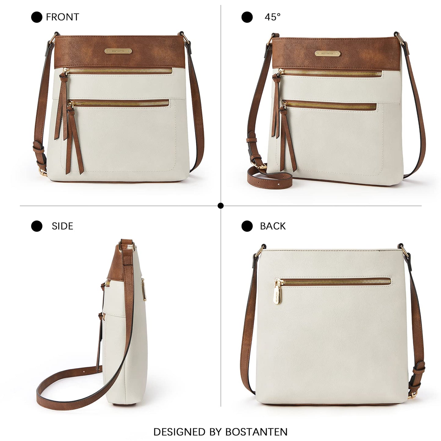 BOSTANTEN Crossbody Bags for Women Trendy Vegan Leather Purse Designer Shoulder Handbags with Adjustable Strap Zipper Pocket Beige with Brown