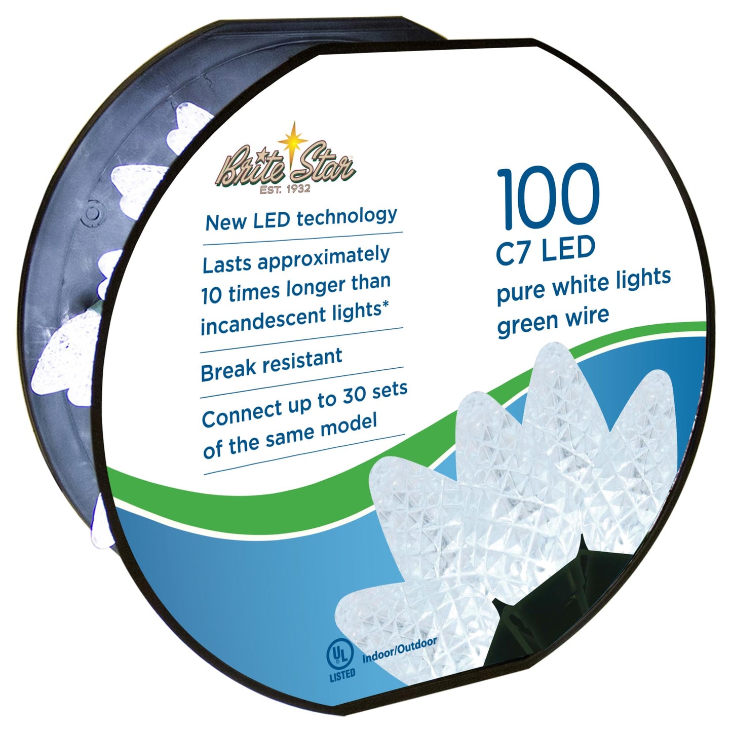 Brite Star 100 Lt Faceted C7 LED Lights, Pure White, Green Wire