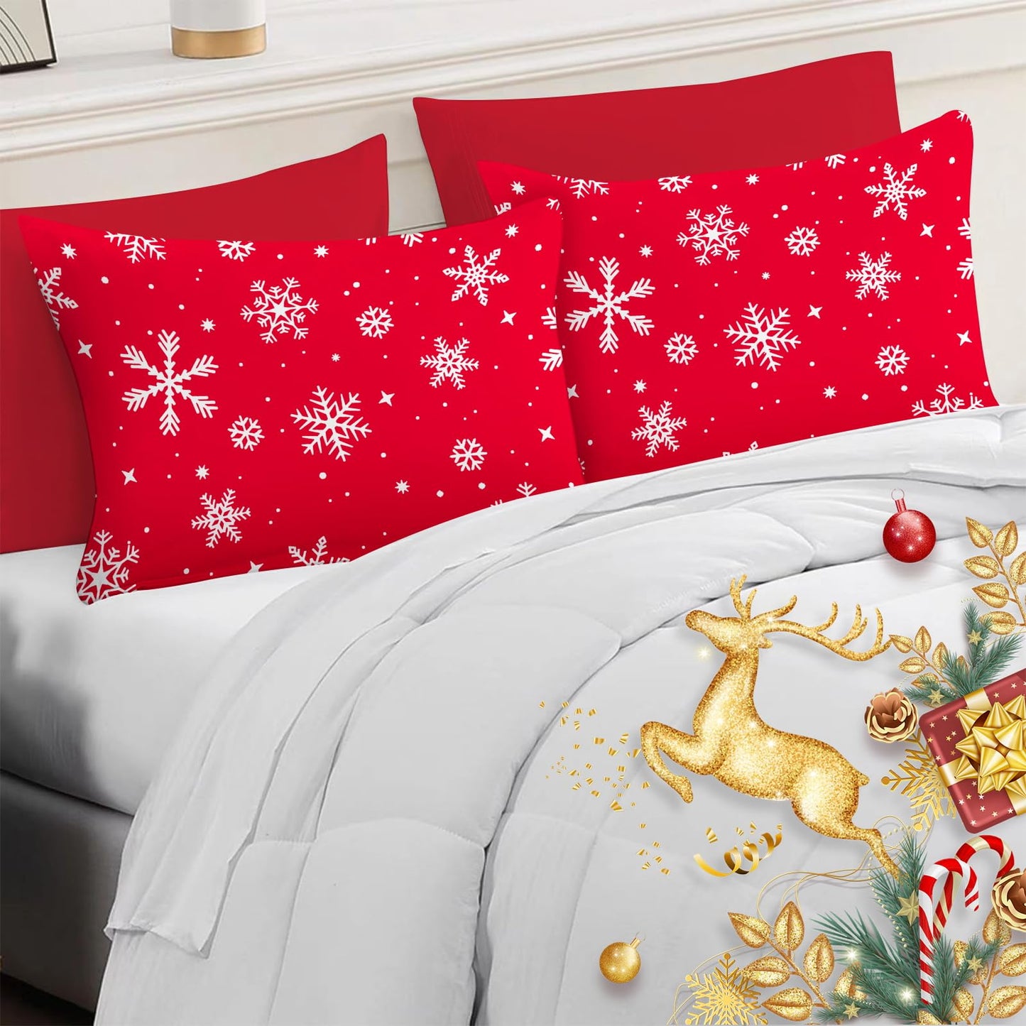 YIYEA Christmas Pillow Cases Queen Size Set of 4, Ultra Soft Double Brushed Microfiber Red Pillowcases and Christmas Snowflake Pillow Covers, Envelope Closure, Fade Resistant (20"x30")