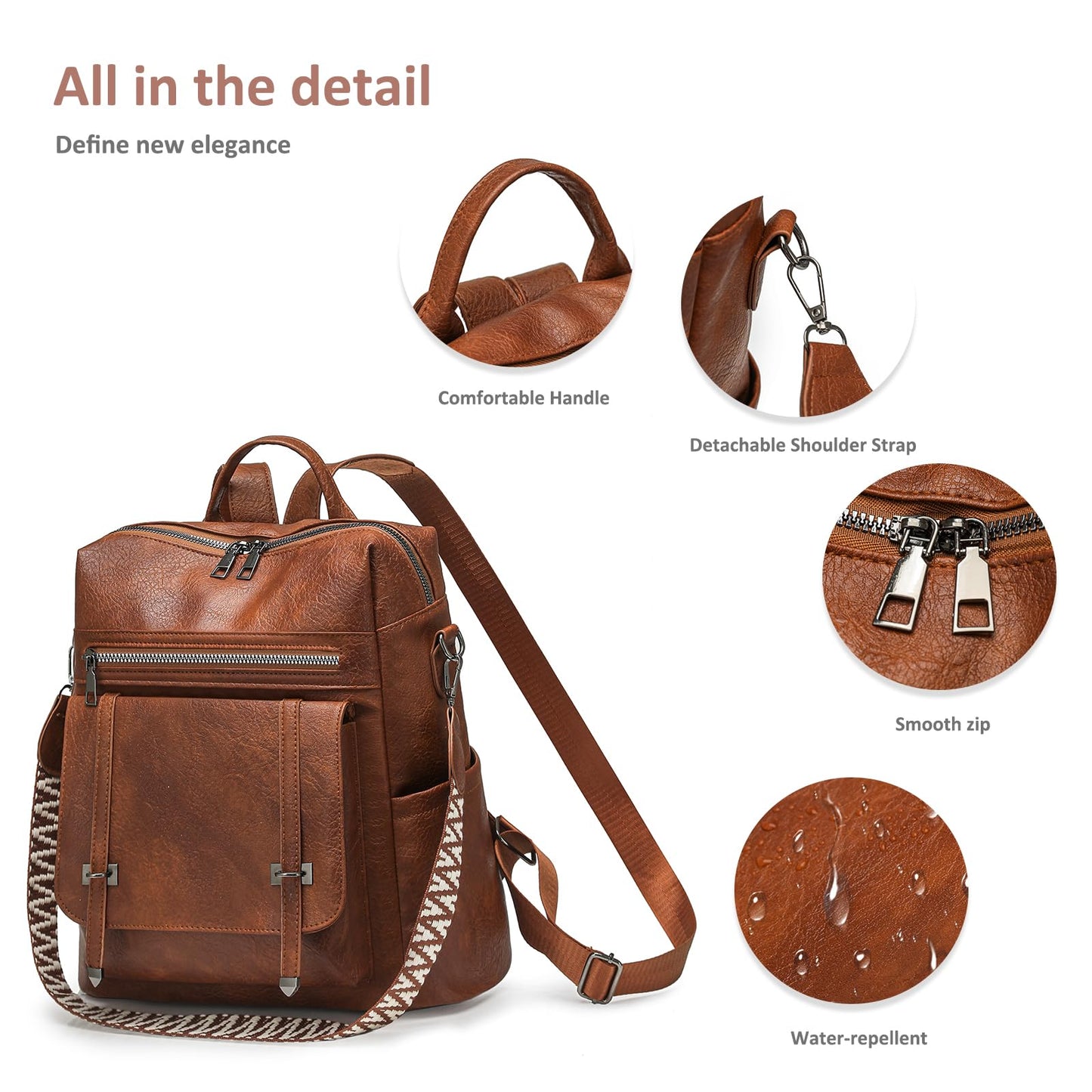 HAHONIA Women's Fashion Backpack PU with Detachable Wide Shoulder Strap & Multiple Pockets, Anti Theft Backpack for Women