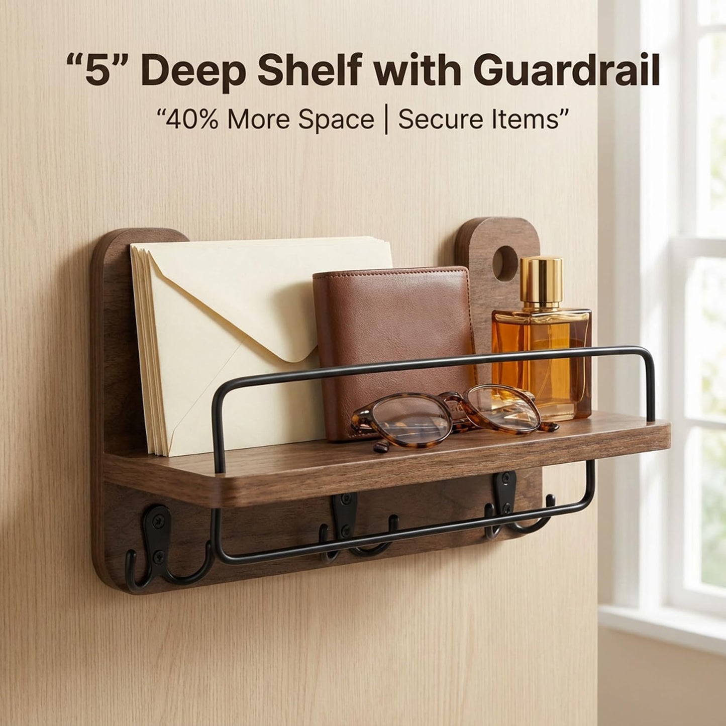 REFGY Key Holder for Wall with Shelf - 5.1" Deep Large Mail Organizer Wall Mount with 3 Heavy-Duty Dual Hooks & Safety Guardrail - Rustic Wood Wall Shelf for Entryway, Kitchen, Office