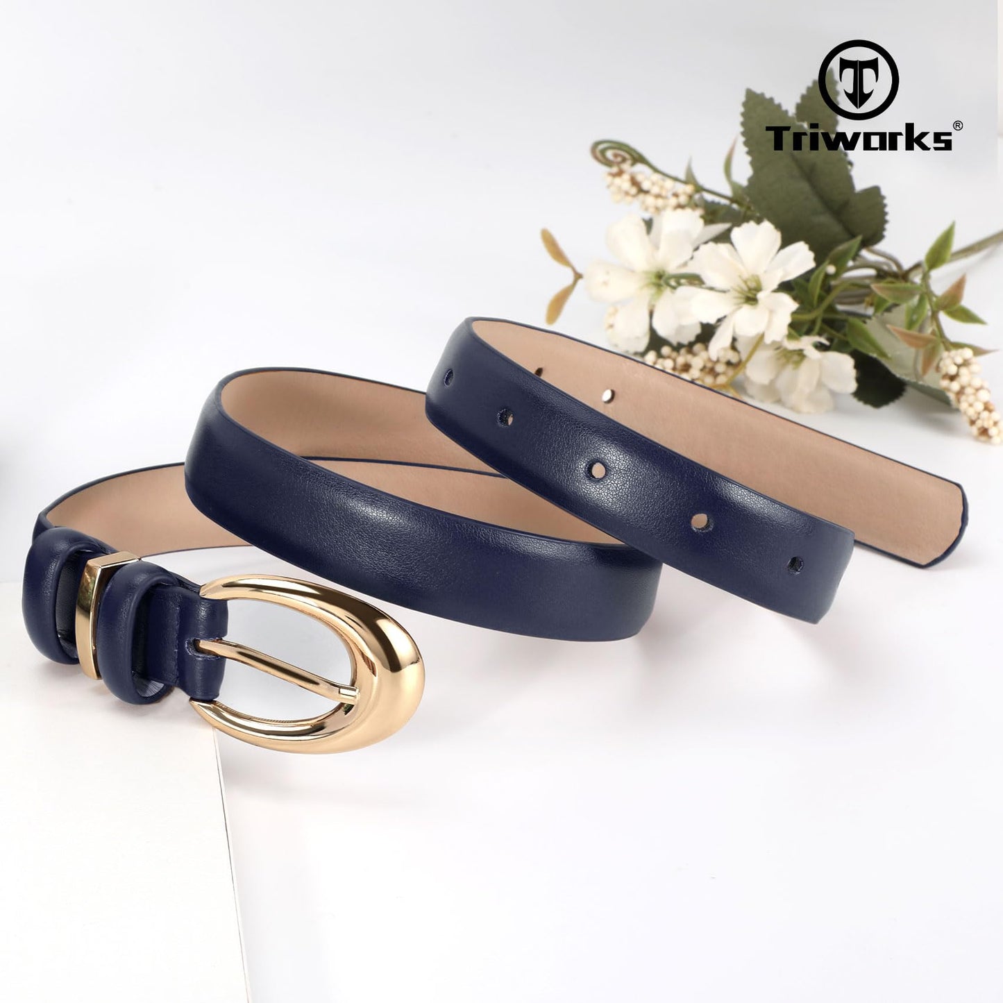 TRIWORKS 3 Pack Women Leather Belt for Jeans Pants Fashion Ladies Faux Leather Belt with Gold Buckle