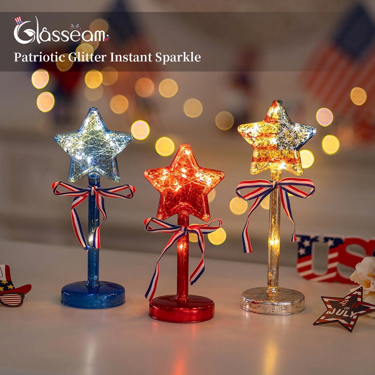 Glasseam 4th of July Decorations Centerpiece: 3PCS Memorial Day Decorations for Table Red White and Blue Lights with Timer Mercury Glass Patriotic American Flag Stars Lights for Home Party Ornaments