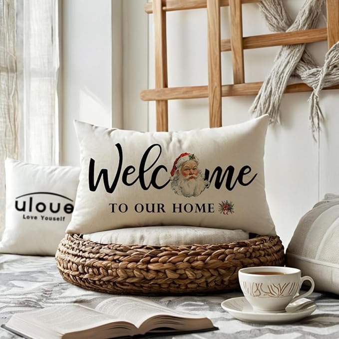 Christmas Welcome Throw Pillow Covers 12 x 20 Inch Farmhouse Seasonal Holiday Decorative Lumbar Pillowcases with Santa Claus Design Cushion Covers for Front Porch Decor (Red/White)