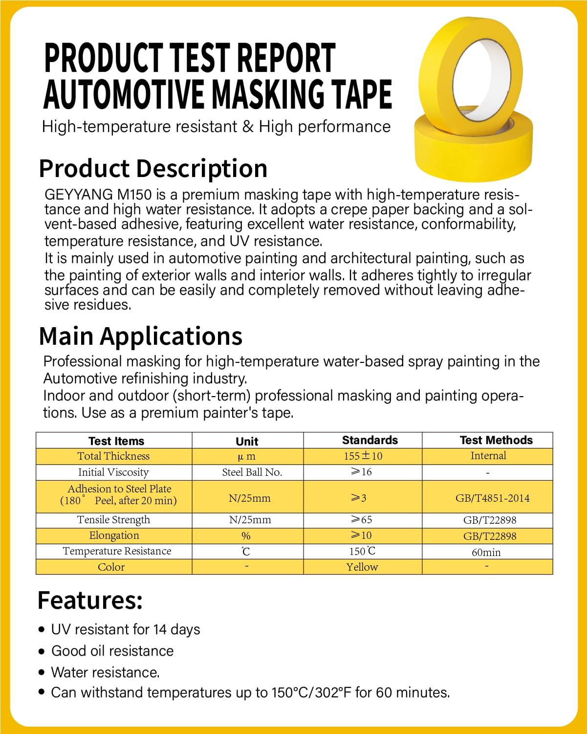 G GEYYANG Yellow Painters Tape, Automotive Masking Tape - Yellow Masking Tape for Walls Painting, DIY Crafting, Labeling, Art, Car - 1.88 Inch x 55 Yards x 10 Rolls