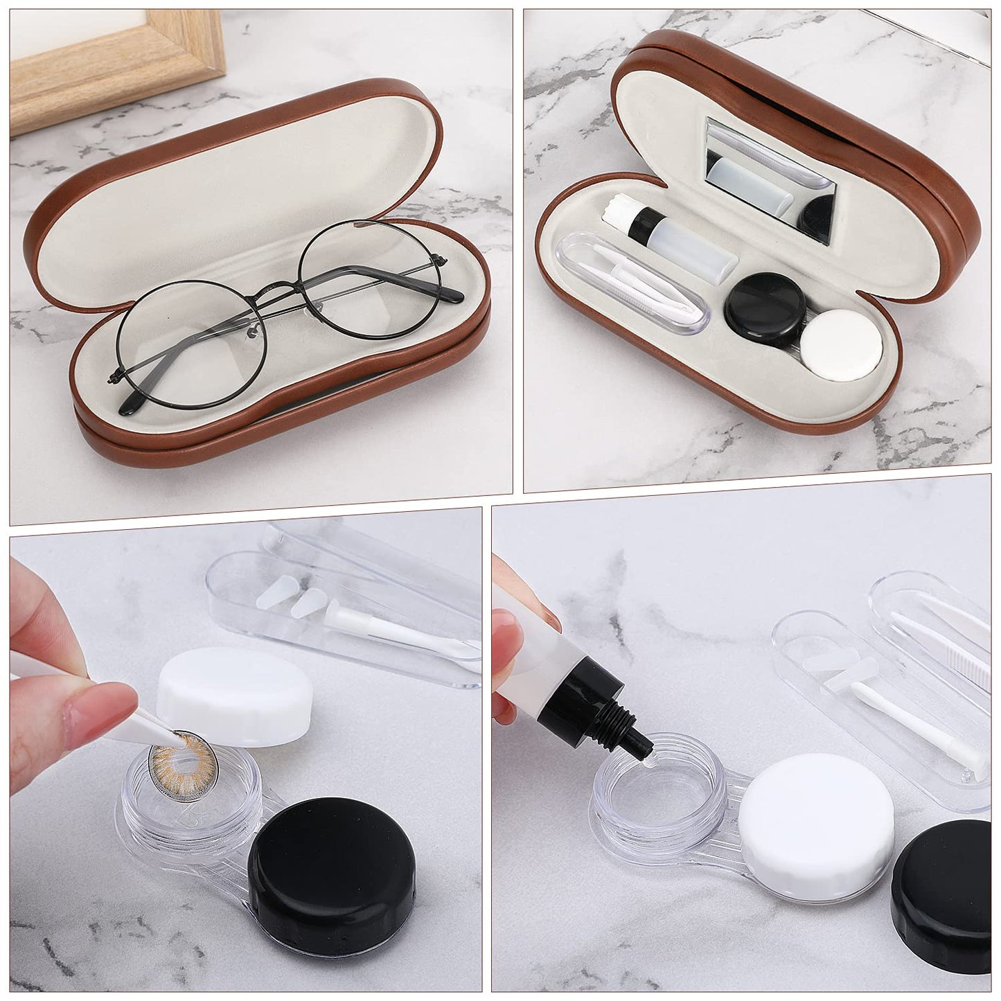 MoKo Double Eyeglass Case, Contact Lens Case with Mirror Tweezers Remover, 2 in 1 Double Sided Portable Contact Lens Box Holder Container Soak Storage Kit Sunglasses Pouch for Men & Women, Brown