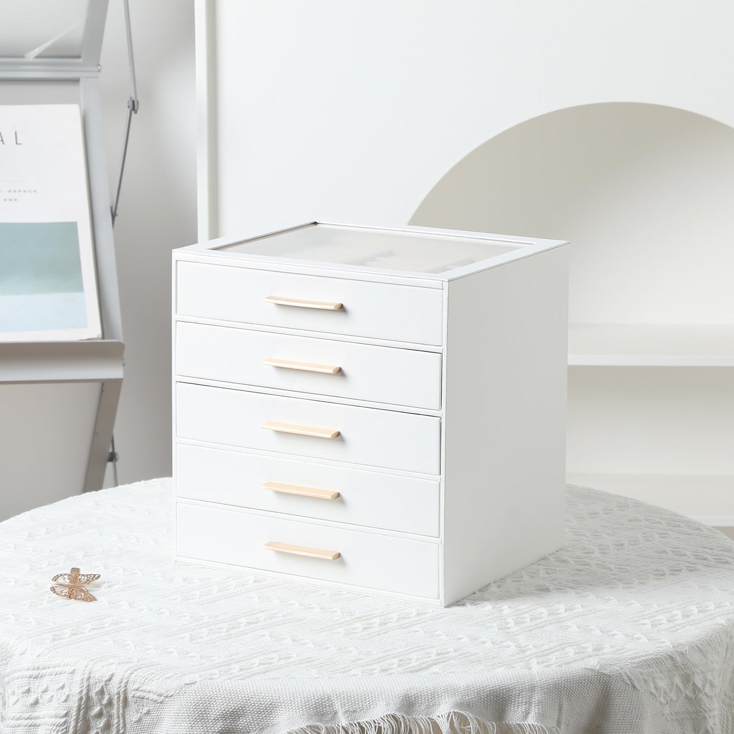 Frebeauty Clear Lid Jewelry Box,5-Layer Jewelry Organizer with Drawer,PU Leather Jewelry Organizers and Storage,Jewelry Boxes for Women,Jewelry Storage for Rings Earring Stud,Gift for Women(White)