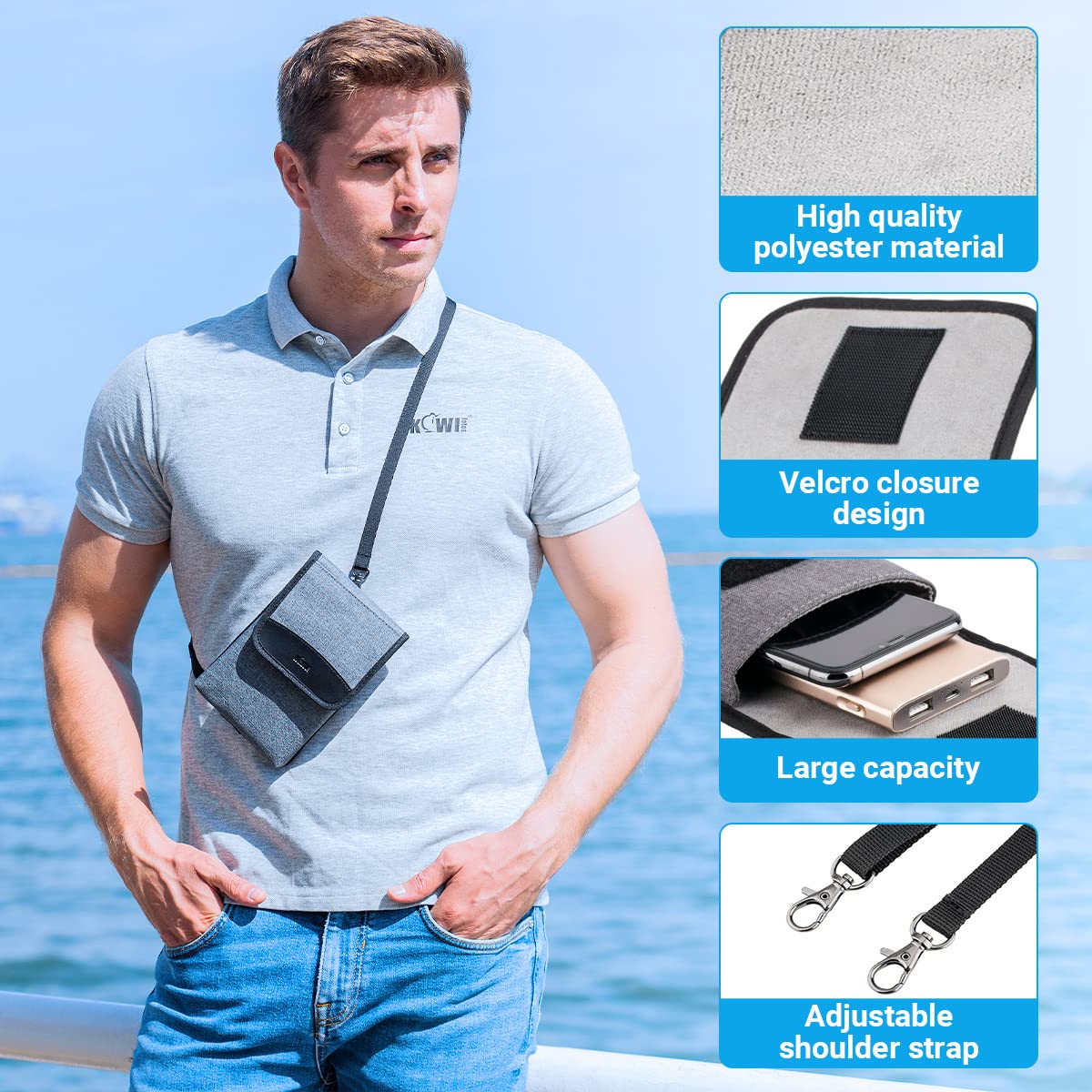 KIWIFOTOS Travel Cell Phone Pouch Belt Pouch, Phone Holster Crossbody Bag with Shoulder Strap for iPhone 16 15 14 Pro Max Case Holder with Neck Lanyard Smartphone Walking Passport Wallet
